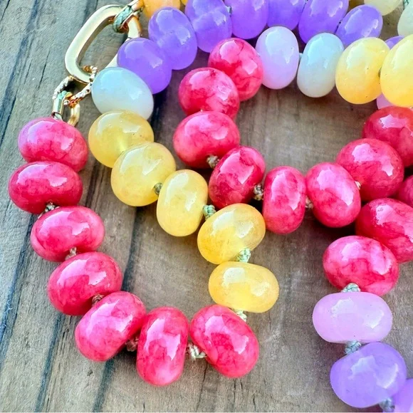 Candy Gemstone Choker Chalcedony, Jade, Moonstone, Hand Knotted, 14k Gold-Filled - Picture 6 of 7